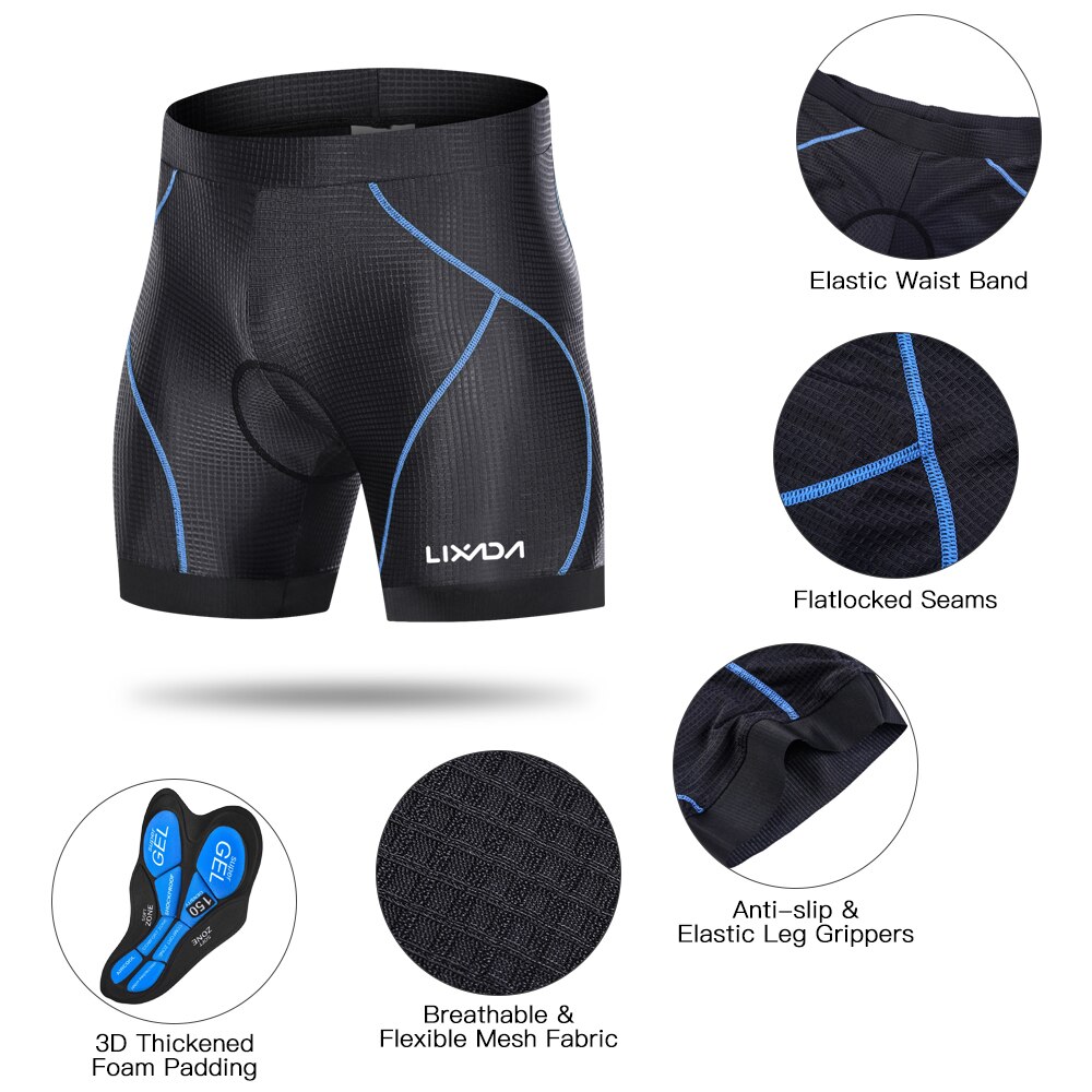 LIXADA Men Bike Padded Shorts with Anti-Slip Leg Grips Cycling 3D Padded Shorts Bicycle Padding Riding Shorts Biking Underwear