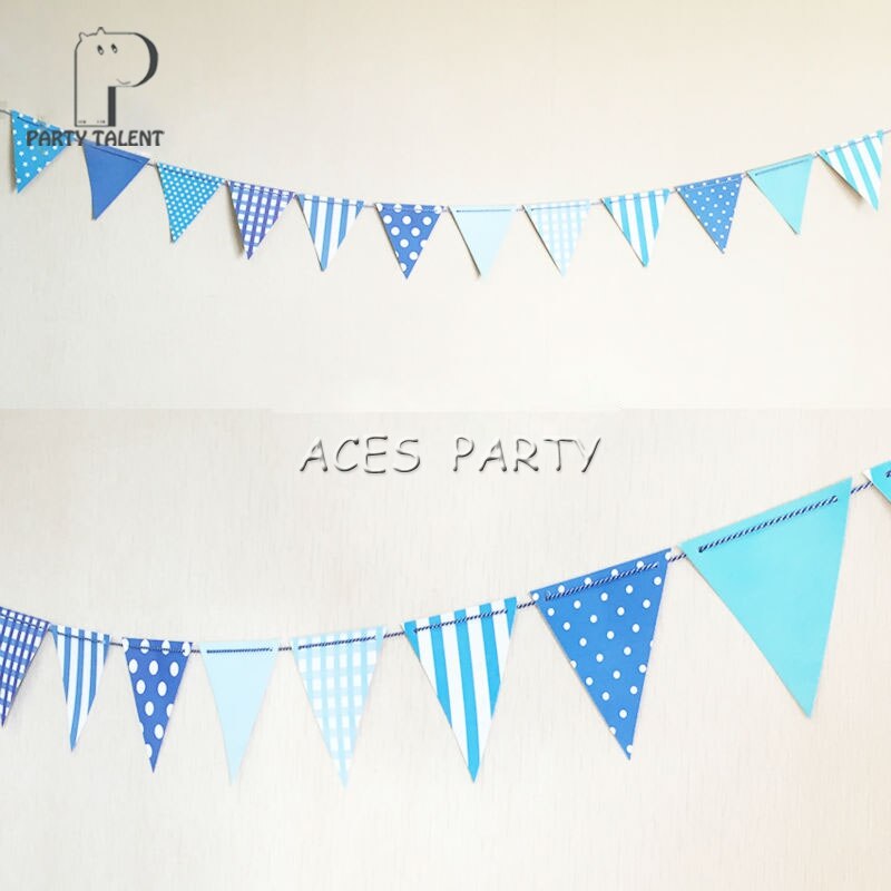 Party supplies 1set cool blue DIY paper flags banner includes 12pcs flags and a 3m string birthday party decoration
