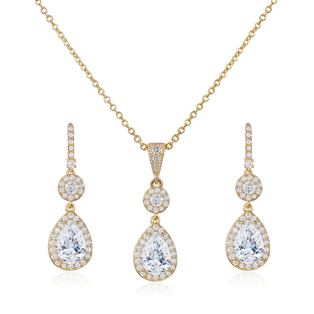 WEIMANJINGDIAN, novedad, exquisito collar y pendientes de cristal de circonia cúbica de lágrima grande, conjunto de joyería nupcial para banquete: 14K Gold