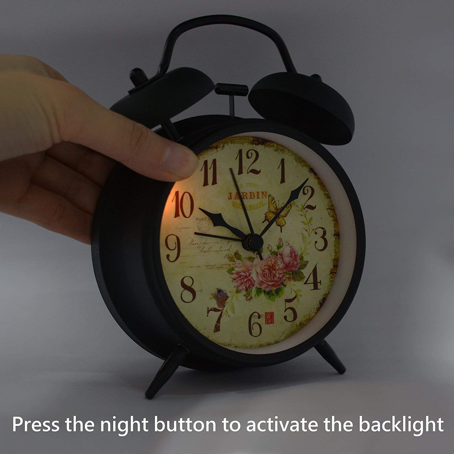 4 inch Retro Vintage Bedside Twin Bell Alarm Clock With Loud Alarm and Nightlight (Black Case - Roses)