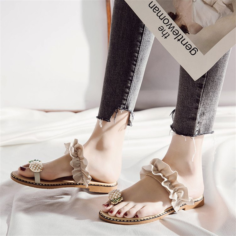 Summer Flat Heel Women Ladies Sandals toe ring Bohemia Sandals With ananas Flat Shoe Outdoor Slides 35-39