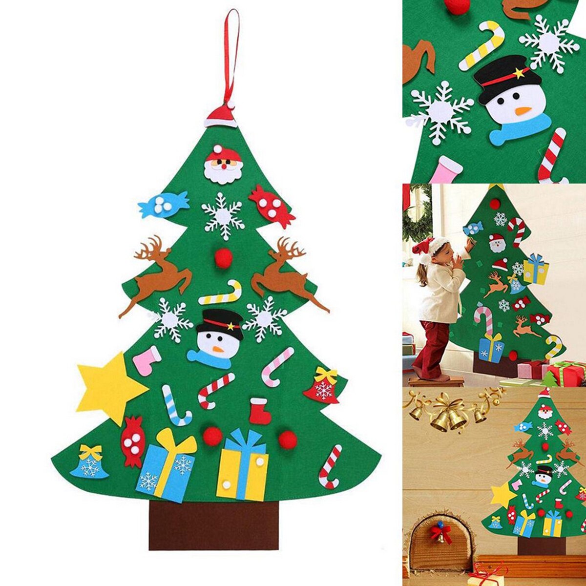 DIY Felt Christmas Tree Set Wall Christmas Tree Hanging Rope Toddlers Kids Felt Christmas Tree Pendant Christmas Decoration