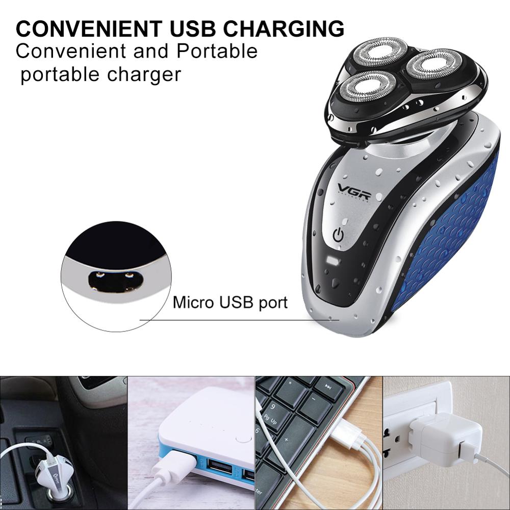 VGR Mini electric shaver Rechargeable wet dry rotary shaving machine USB charger facial groomer kit electric razor for men