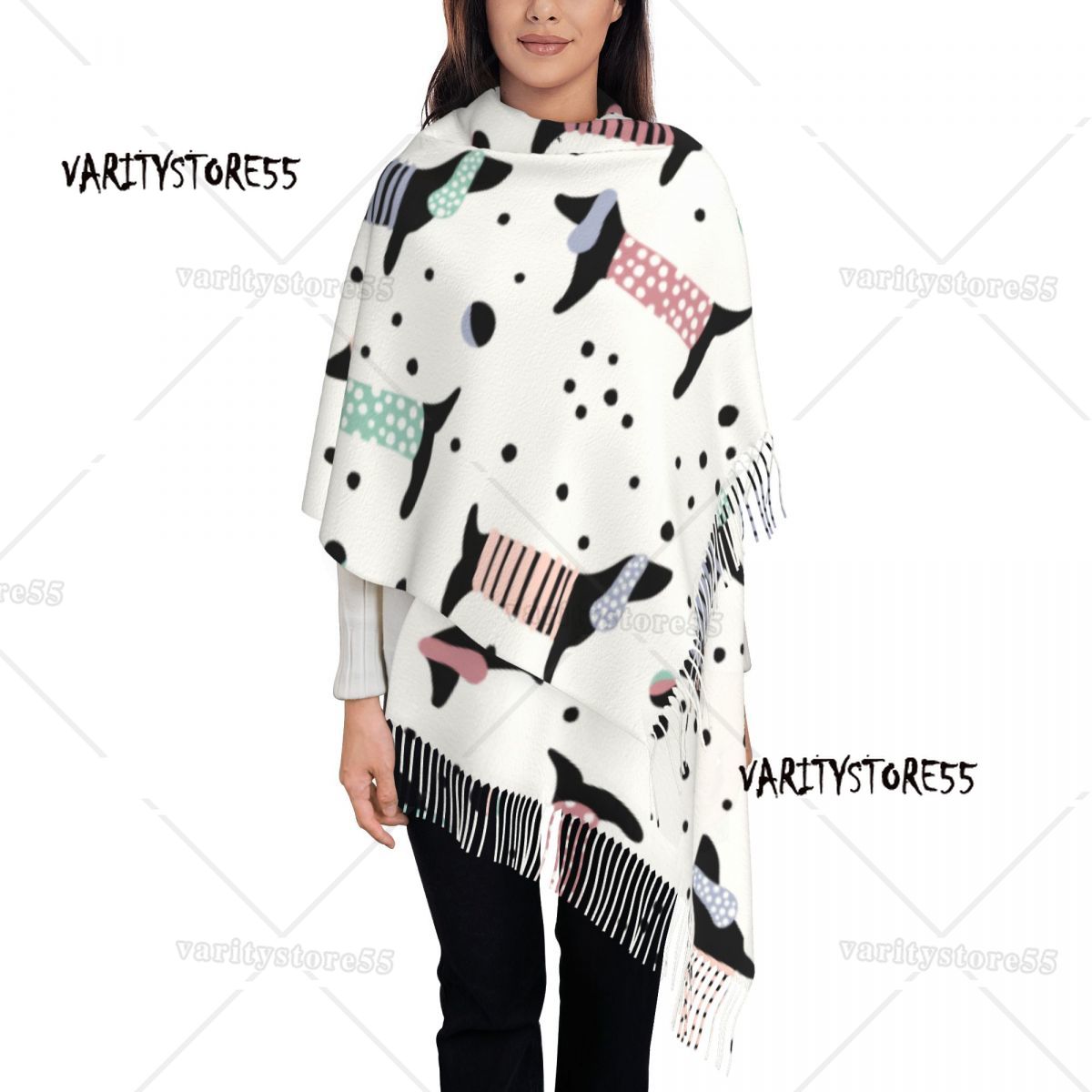 Doxie Florals Dachshund Scarves Women Winter Fall Soft Warm Tassel Shawl Wraps Badger Sausage Dog Scarf: WHITE