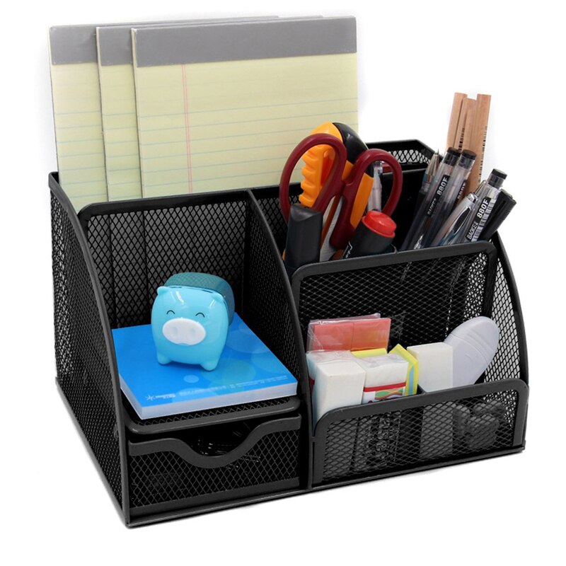9 Grids Desk Organizer Multifunctionele Metalen Romp Meer Duurzaam Mesh Pen Holder School Kantoren Briefpapier Container Doos: A Black