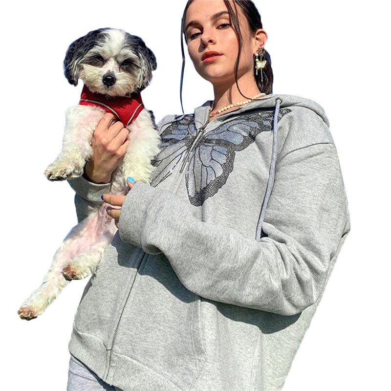 Damen Schmetterling Diamanten Hoodie Ourwear Mädchen Herbst Solide Langarm lässig Reißverschluss Jacke für Grau