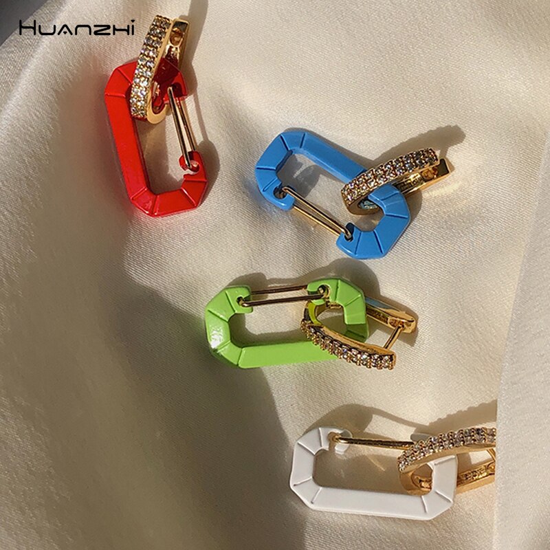 HUANZHI Bunte Emaille Metall Geometrische Schloss Platz Stift Zucht Ohrringe Hohl Strass für Frauen Mädchen Reise Schmuck