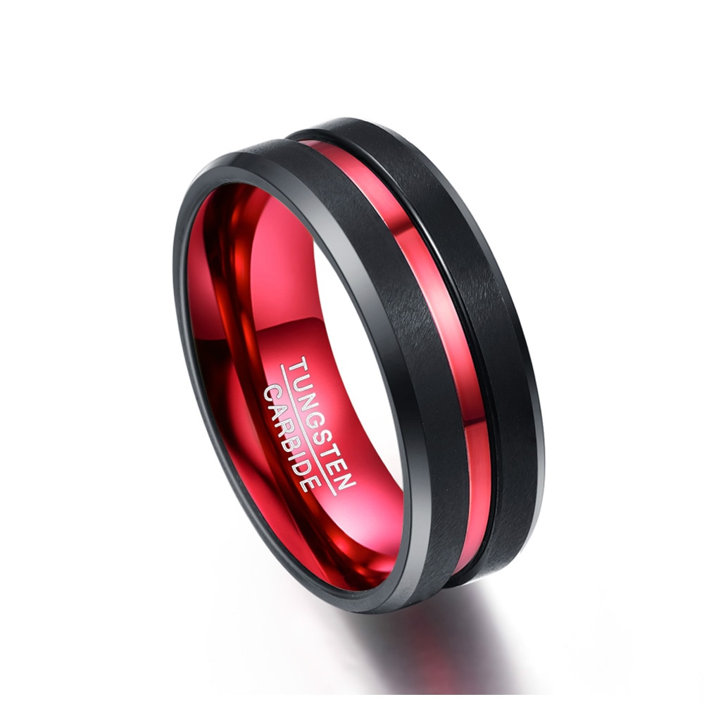 Jqueen herre s 8mm sorte og røde wolframcarbid ring mat finish affasede kanter størrelse 7 to 16 aaa