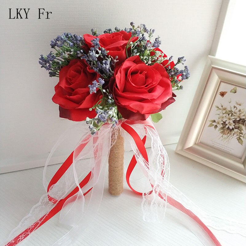 Lky fr bryllupsbukett brudepike brudebukett kunstige roser hvit silke blomster jente bukett bryllupstilbehør hjemmeinnredning: Rød bukett