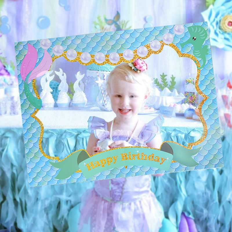 1Pcs Theme Mermaid Happy Birthday Photo Frame Photo Prop Theme Photo Booth Props Frame Baby Shower Kids Birthday Party Supplies