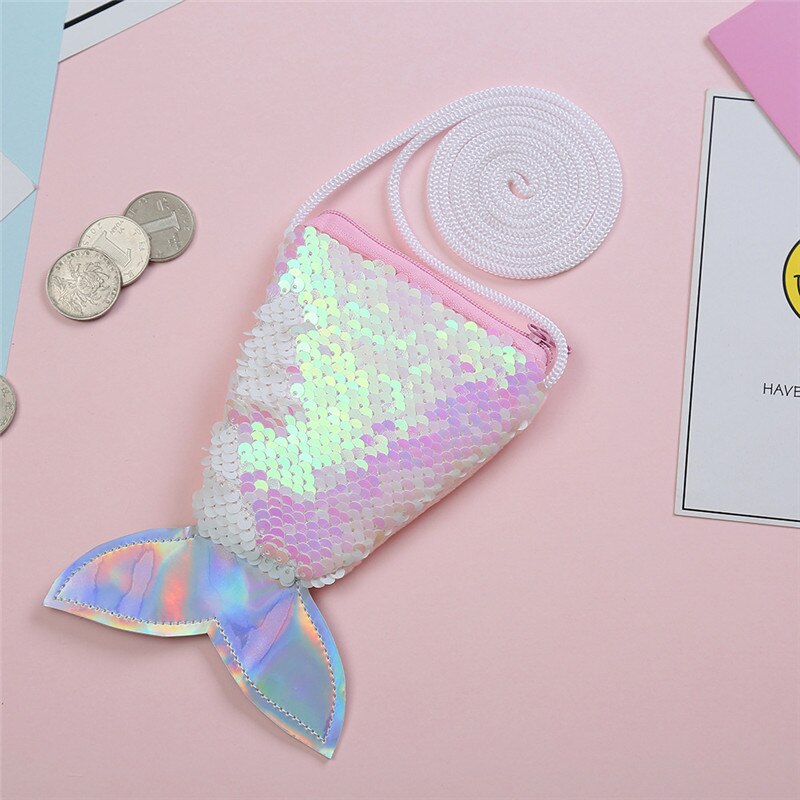 Kids Mermaid Tail Shape Sequins Mini Shoulder Bag Zipper Coin Purse