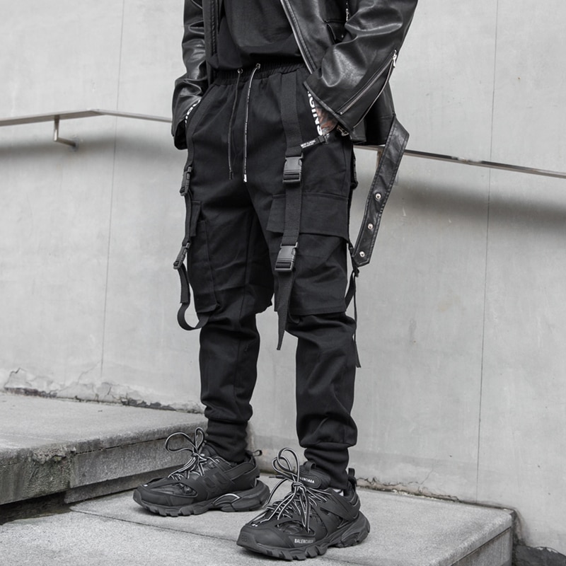 ¡Novedad! Pantalones de chándal Cargo para hombre con bolsillos y cremallera lateral, cintas de estilo Darkly, pantalones para correr, pantalones largos ajustados a la .