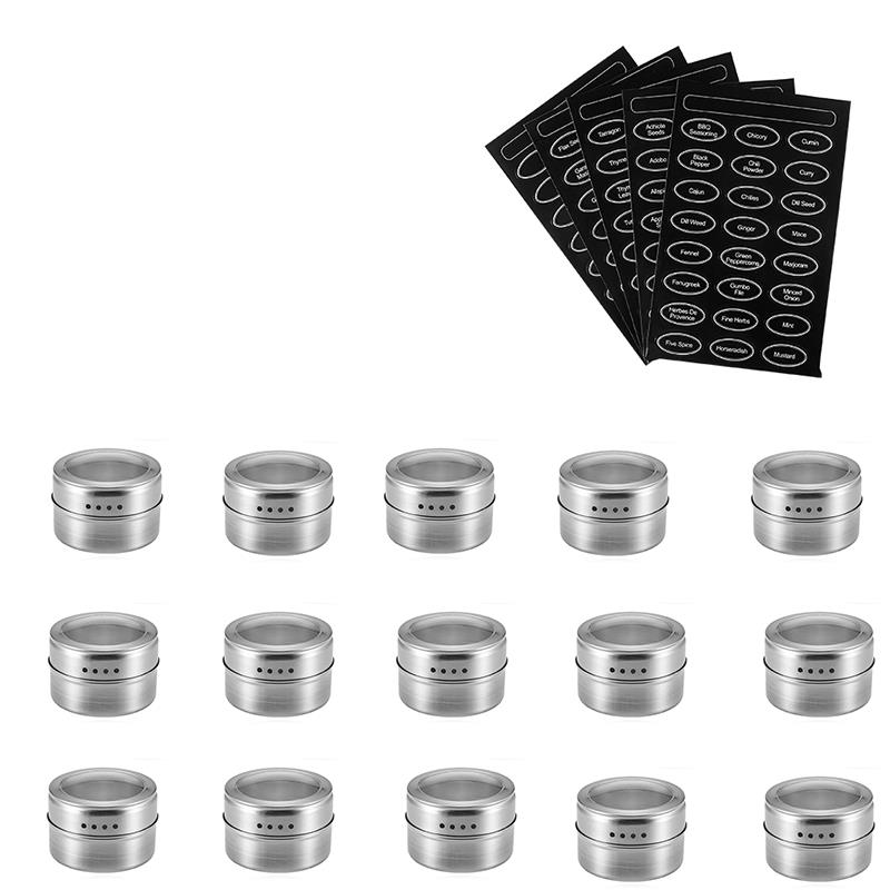 Magnetische Kruidkruik Set Met Sticker Rvs Spice Blikken Spice Opslag Container Pot Keuken Kruiderij Houder Keuken Tool: 15 pcs