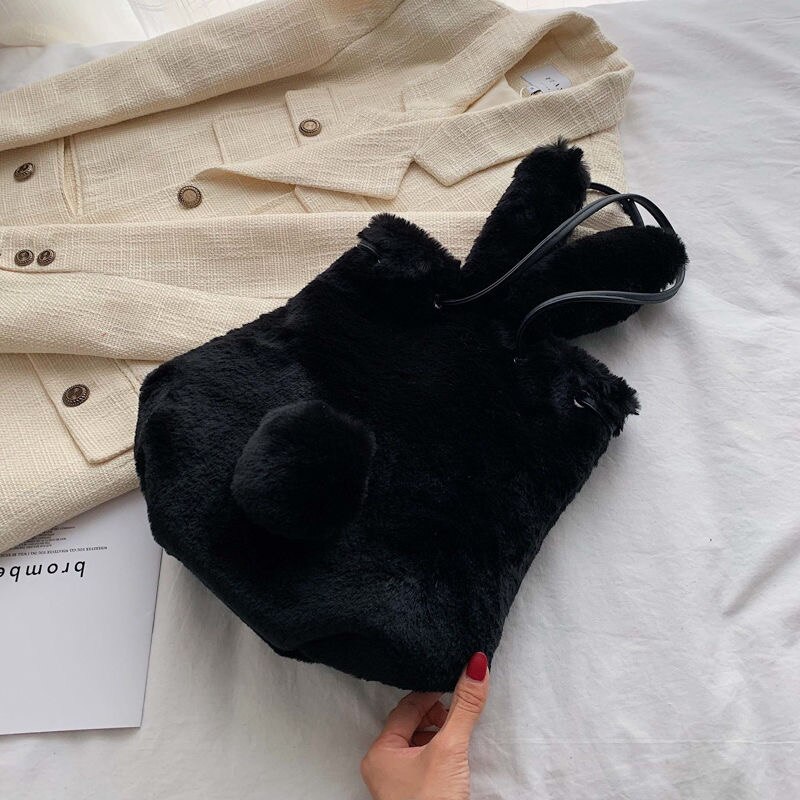 Søt plysj veske kvinnelig høst og vinter messenger bag skulder bunny ører plysj veske bærbar bøtte veske: Svart