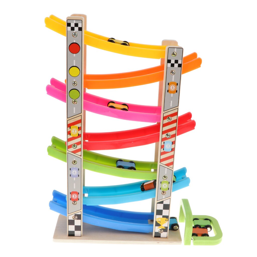 Houten 7-Layer Ramp Race Track & 8 Mini Inertie Auto Glijden Speelgoed Vehicel & Trein Baby Peuter Motor vaardigheid Developmental Kids