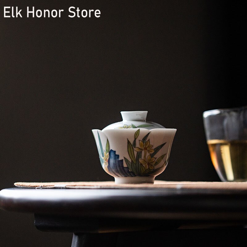 100ml Pure Hand-painted Narcissus Orchid Art Tea Tureen Boutique Tea Maker Gaiwan Ceramic Hand Grasping Tea Bowl Kung Fu Teaware
