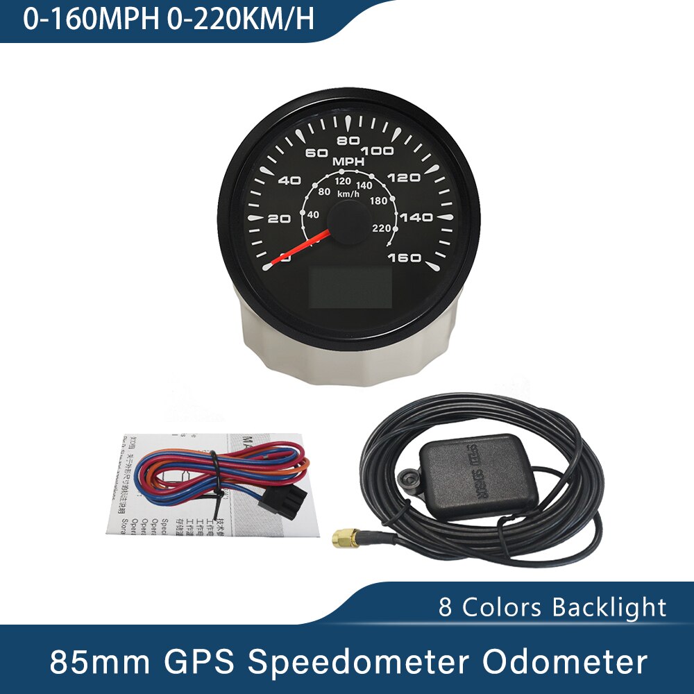 Velocímetro GPS Universal, velómetro, kilometraje, 8 colores, retroiluminación, 85mm, 35MPH, 80MPH, 160MP, 200MPH: 160MPH BN