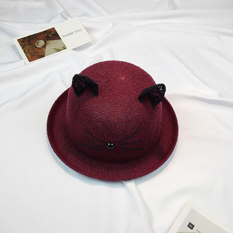 oZyc Sun Hat Women's Cat Lace Ear Summer Straw Hats For Women Beach Headwear 8 Colors Chapeau Femme Bucket Hat: 4