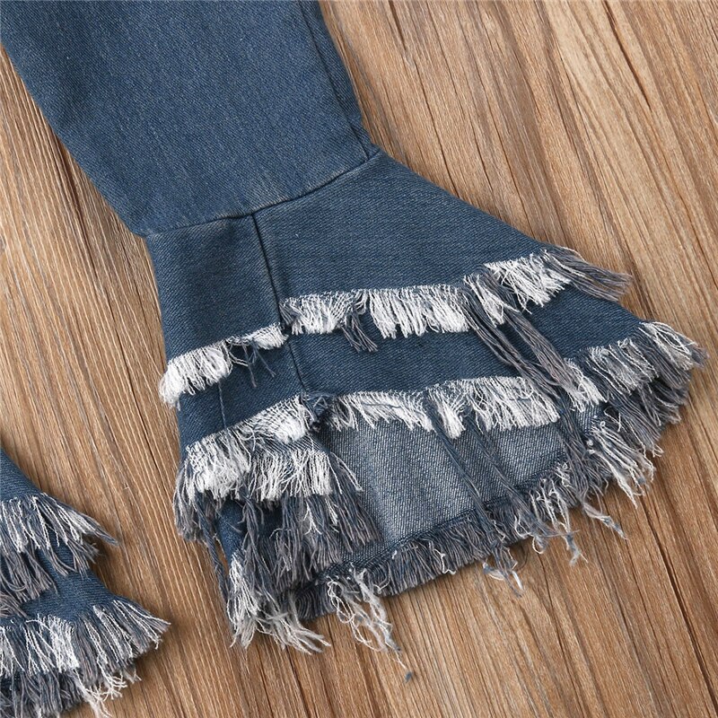 Spring Girls Jeans Long Pants Toddler Flare Blue Ruffle Denim Ruffle Flare Pants Girl Trousers