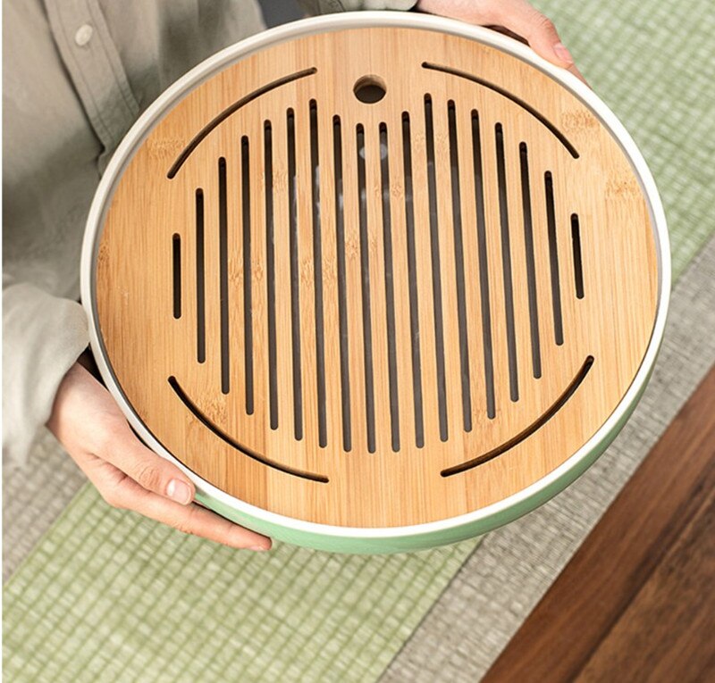 500-1800ml Tea Tray Ceramic+Bamboo Plate Water Storage Tea Table Longquan Celadon Tea Set Round Tea Saucer Tea Plate