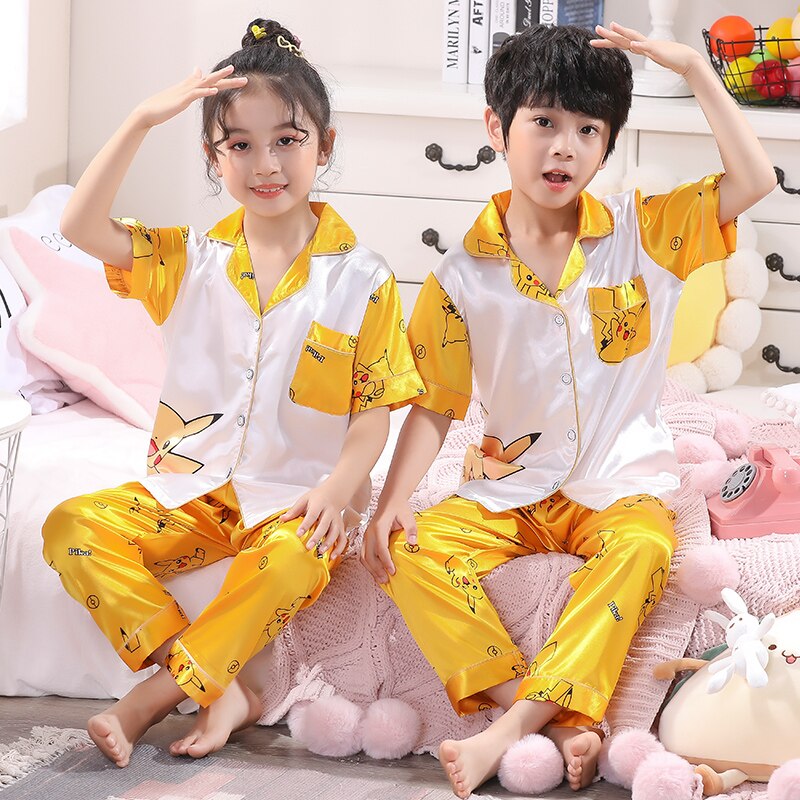 Kinderen Pyjama Voor Meisjes Cartoon Satijn Zijde Korte Mouw Lange Broek Pyjama Kinderen Pijama Infantil Jongens Nachtkleding Kind Thuis Dragen