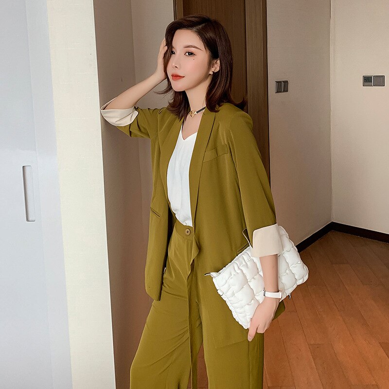 Summer Spring Women Lace Up Pant Suit Notched Blazer Jacket & Wide Leg Pant Office Wear Suits Female Sets Plus Size 5XL
