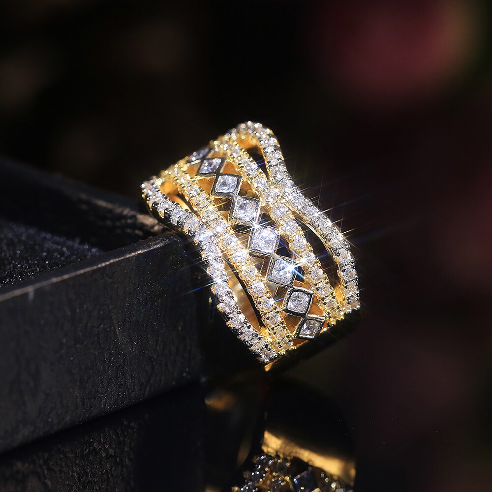Huitan Gorgeous Geometric Hollow Shape Ethnic Wedding Women Ring 5 Row Full Bling Iced Out CZ Jewelry Noble Female