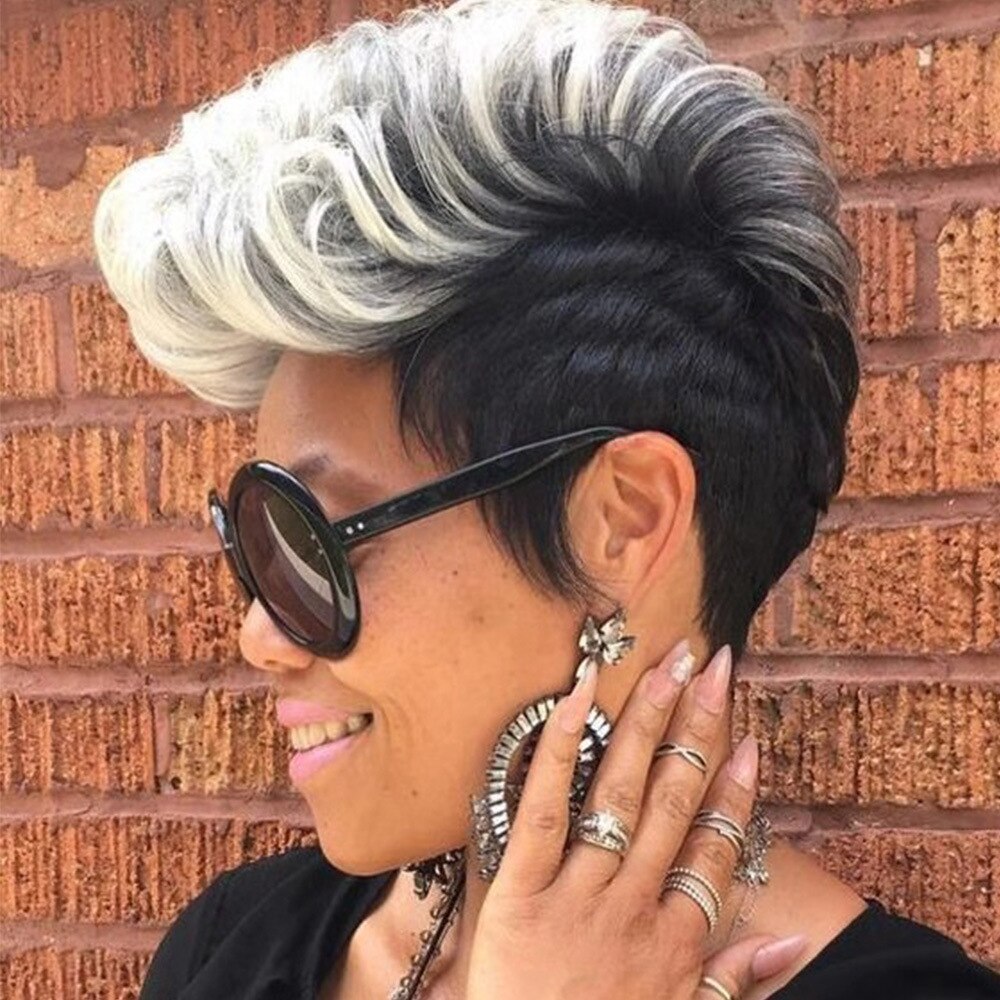 Pixie Cut Synthetic Wigs Short Black Yellow Wine Orange Wigs Natural Looking Heat Resistant Hair Wigs For Black Women: grey black