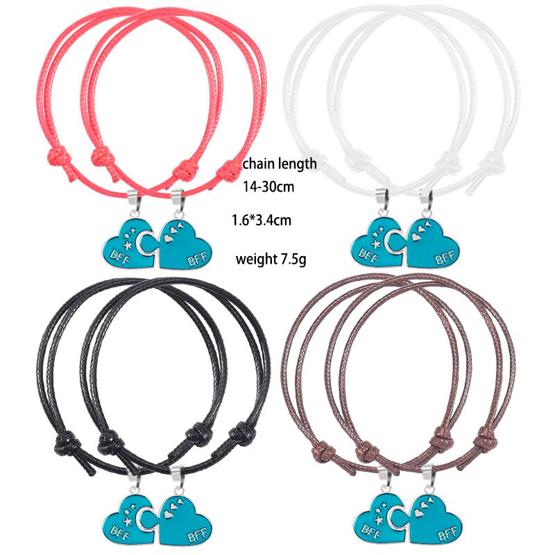 BFF Friendship Jewelry Bracelet 2 Piece Set Leather Cord Pendant Men And Women Heart Shape Alloy Best Friend