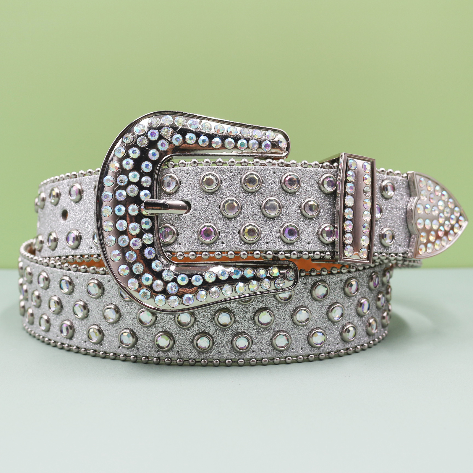 Ceinture en jean pour hommes et femmes, grande taille, en Denim occidental, à rivets brillants, en cuir, Style HipHop Punk Rock Y2K: Argent / 105 CM