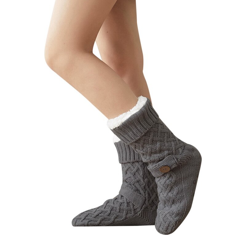 Hiver tricoté femmes chaussettes femmes impression de noël anti-dérapant moelleux corail polaire bouton Tube velours femme chaussettes: dark gray
