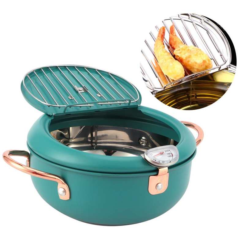 Friteuse Frying Pot with Thermometer Japanese Stainless Steel Fryer Pan for Induction Cooker Deep Green Air Fryer Accessories