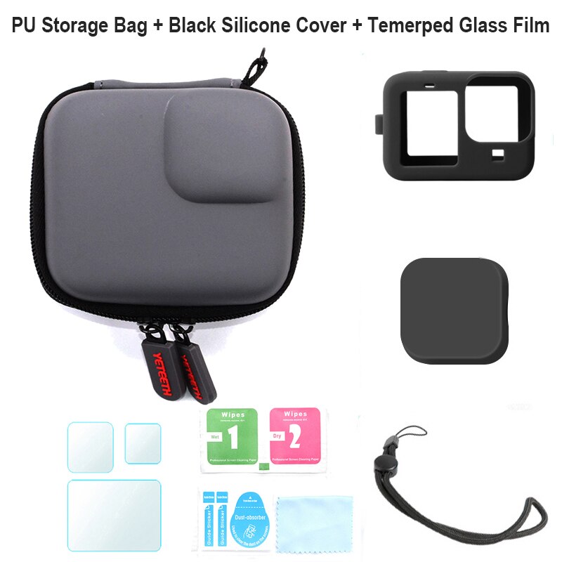 Upgrade Mini PU Protective Bag Carrying Case Silicone Cover Tempered Glass Film for Gopro Hero 10/9 Action Camera Accessoriess: Black Color