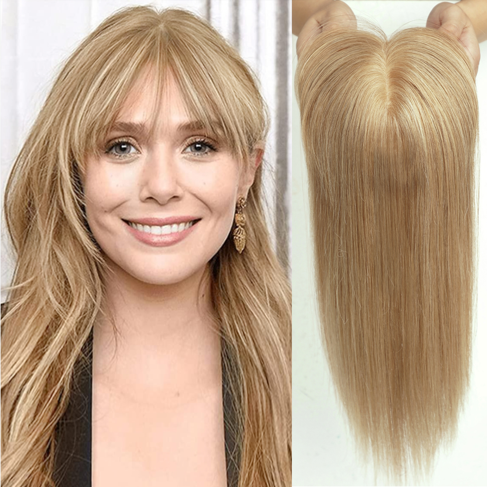 Ombre Braune Echthaar-Deckel-Perücken mit Pony, Seidenbasis-Clip-Stücke, 35,6 cm, gerade Deckel-Haare für Damen-Haarverlängerung: 8 zoll / 22R #