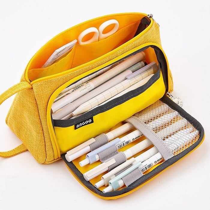Solid Color Dark Grey Pencil Pouch Big Capacity Pen Bag Side Open Stationery Tools Case Make Up Bag Pencil Bag School Girl: gold