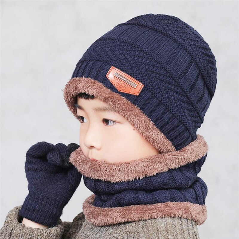 Kinderen winter gebreide muts en sjaal handschoenen set jongen meisjes warme pluche muts 3- delige sets kind outdoor skimuts sjaals effen: Marineblauwe set van 3 stuks