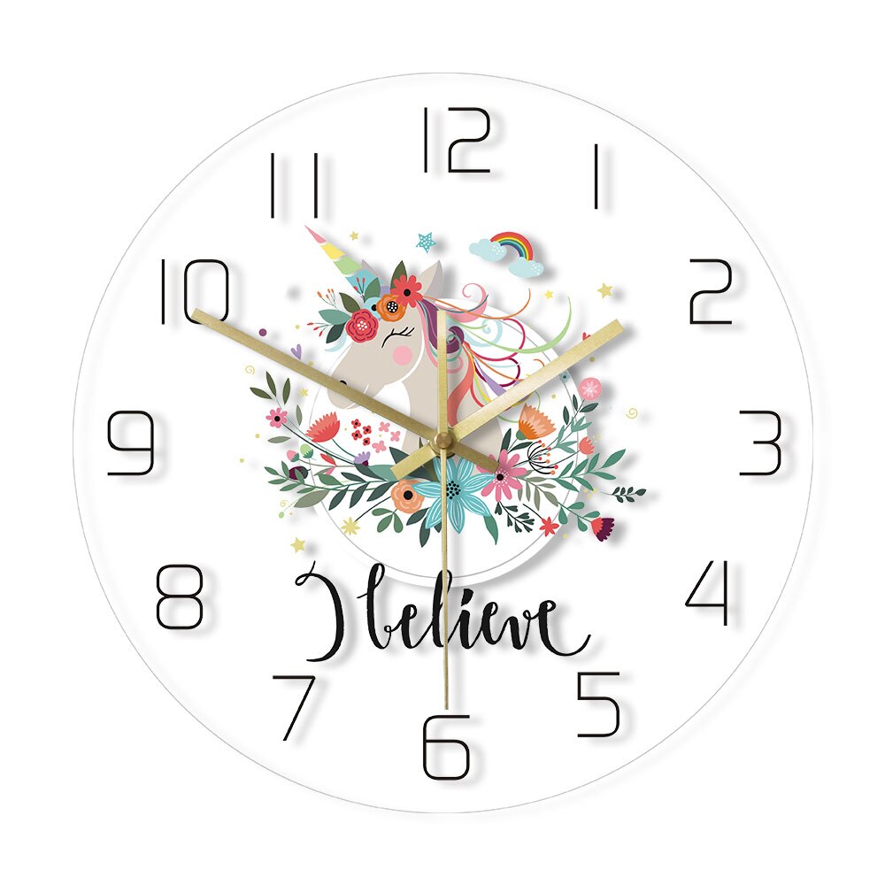 Unicorn With Flower Transparent 3D Wall Clock Modern LED Glow Wall Clocks Wall Watches Dial Vision Decorative Wall Clock: Without LED