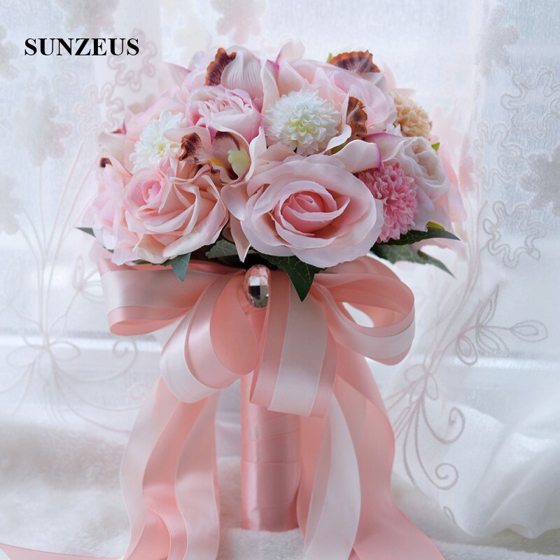 Pink Rose Artificial Flowers Bridal Bouquet for Wedding Party Women Hand Flowers Satin Ribbons 2022 Newly ramo novia SWB14