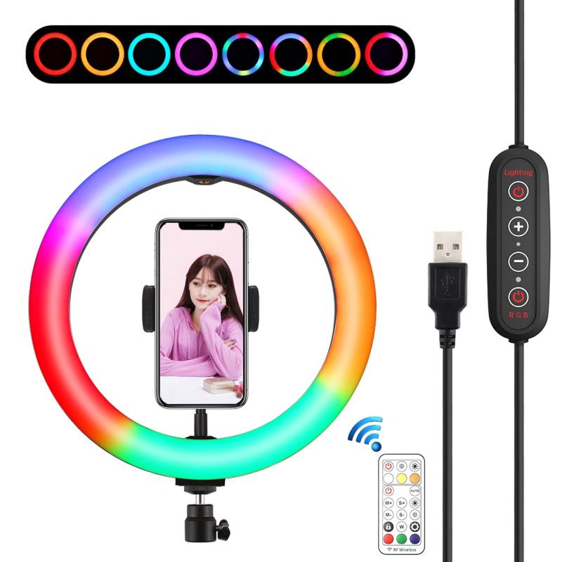 PULUZ PU504B 10,2 pulgadas Luz de relleno LED anillo lámpara de Control remoto superficie curvada regulable RGBW Multi-color anillo de luz para fotografía