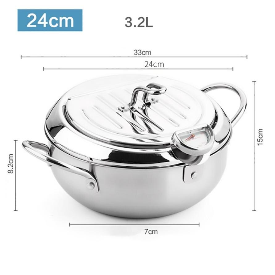 Kitchen Deep Frying Pot Stainless Steel Thermometre Tempura Fryer Pan Temperature Control Fried Chicken Pot Cooking Tools: 24CM