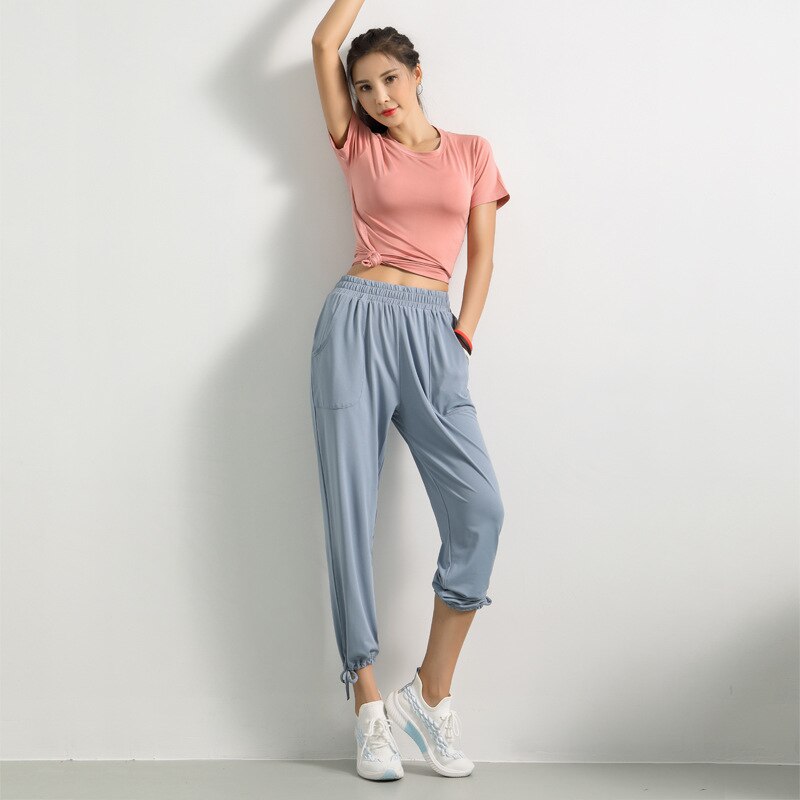 Novo solto sweatpants feminino magro correndo calças de fitness verão secagem rápida calças cortadas