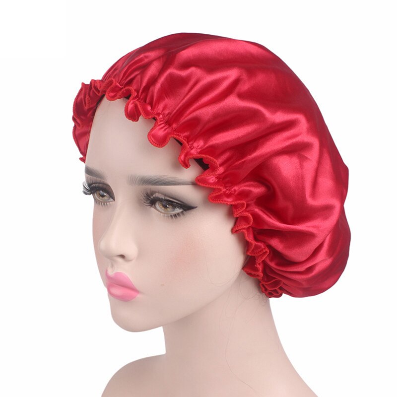 1 pièces Satin Bonnet pour coiffure dormir Bonnet de douche Bonnet de soie femmes nuit bandeau élastique sommeil chapeau couvre-tête soins des cheveux: red