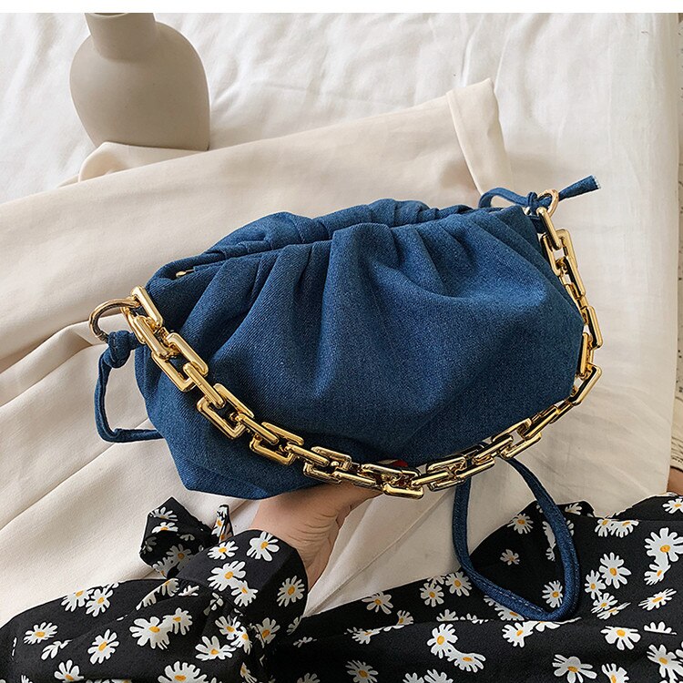 Ruwe ketting dames handtassen cowboy blauwe bao denim vrouwelijke cloud crossbody tassen vouwbare dames schoudertassen: Marine