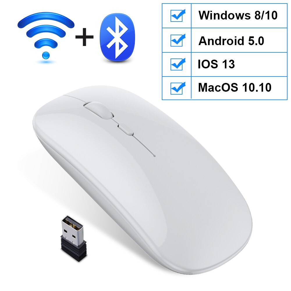 Wireless Mouse Bluetooth Mouse Computer USB Mouse Gamer Ergonomic Silent Mause Rechargeable Mice Wireless Optical For PC Laptop: Bluetooth White