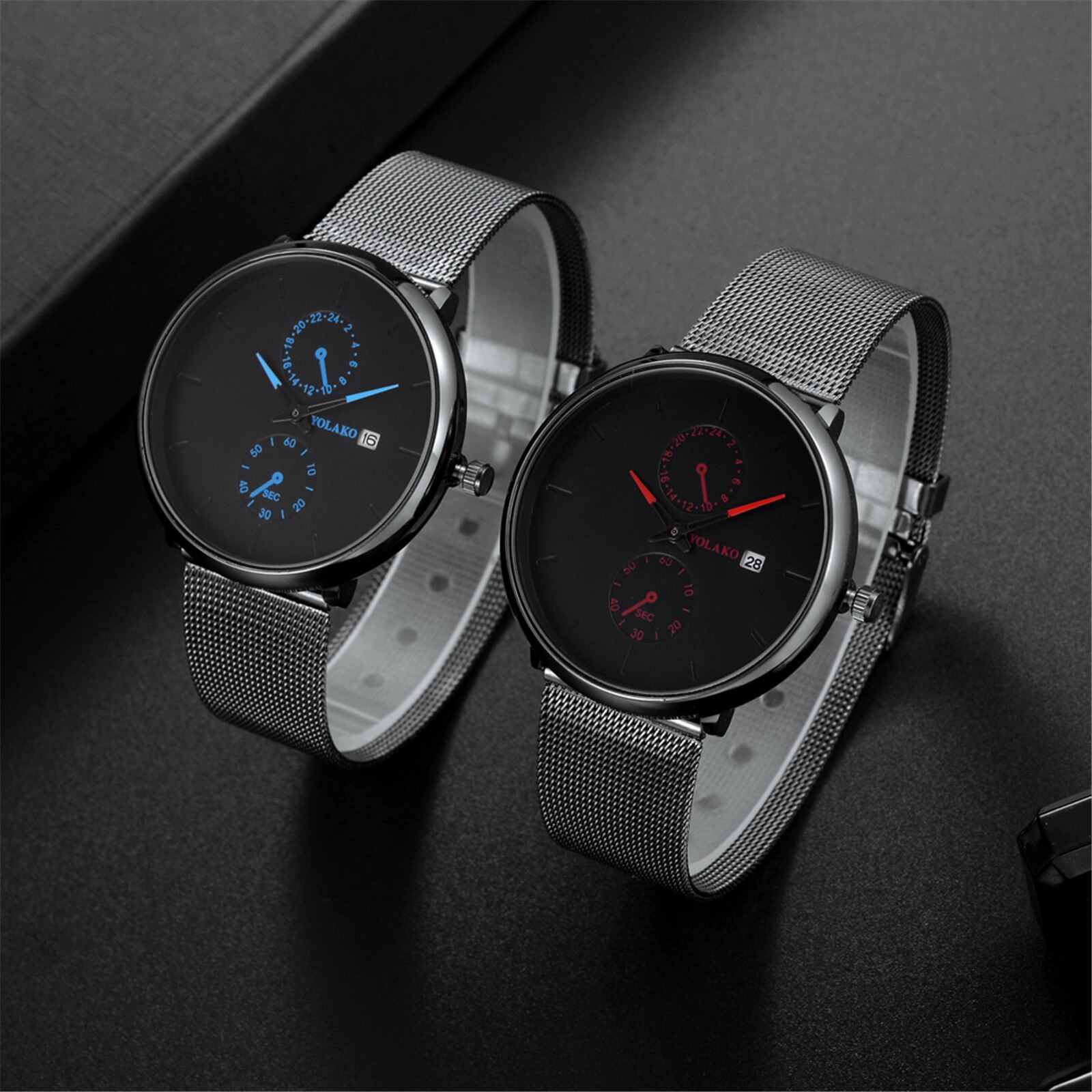 Mode Heren Gecontracteerd Horloges Trend Dial Dubbele Ogen Drie Handen Riem Kalender Riem Heren Horloge