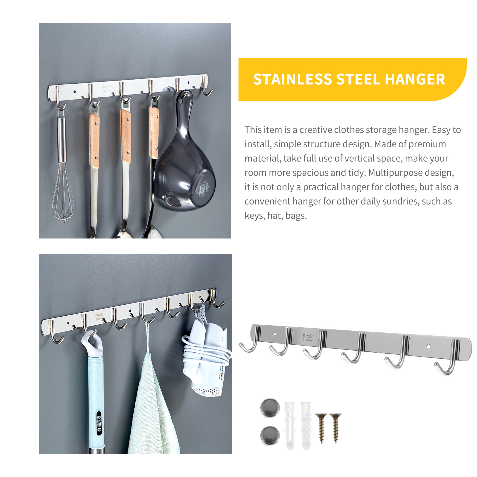 Rostfritt stål galge kraftiga krokar för badrum kök vardagsrum silver väggmonterad klädhatthållare mångsidig