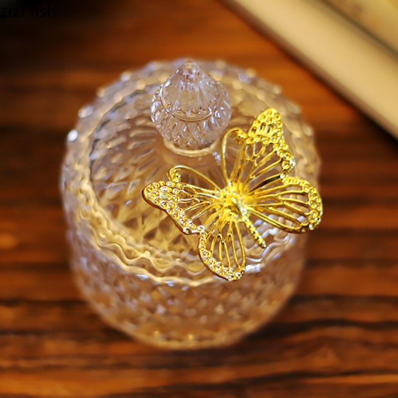 Glass Storage Jars Candy Jar Jewelry Storage Box Golden Butterfly Decorative Crystal Storage Jar with Lid Spice Organizer
