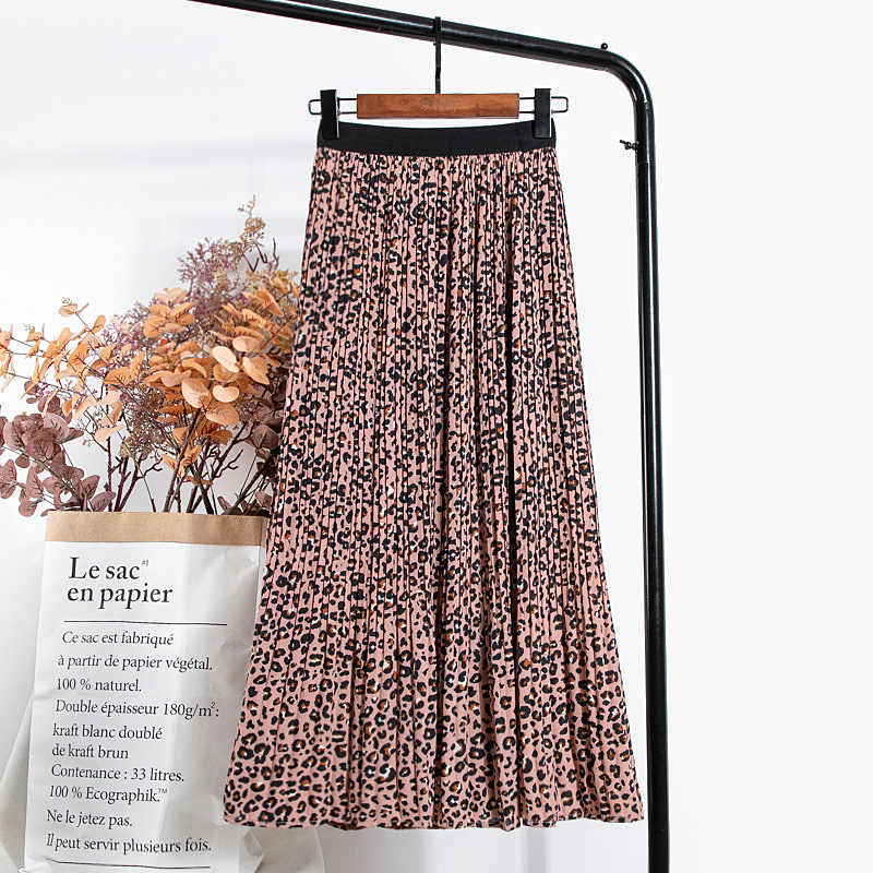 Jupe longue plissée en mousseline de soie imprimé léopard pour femmes, printemps, Vintage, ligne A, élastique, taille haute, VD2285
