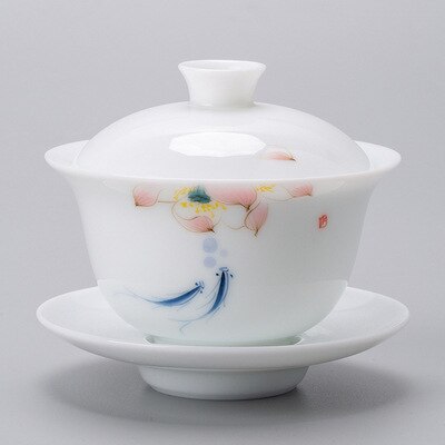 120ml di porcellana bianca avorio GaiWan dipinto a mano paesaggio tè zuppiera ciotola in ceramica con coperchio Sopera latte Oolong tè Kung Fu Teaset: F
