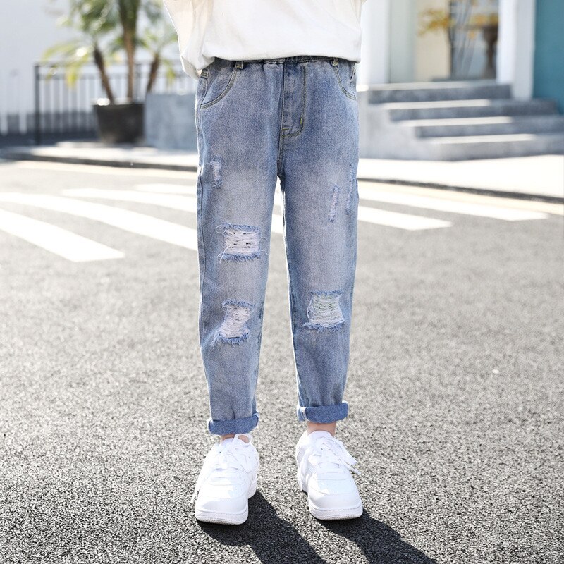 2021 primavera nuovi Jeans tinta unita per bambini ragazza stile coreano stile estero buco moda All-match pantaloni Casual per bambini KJ14